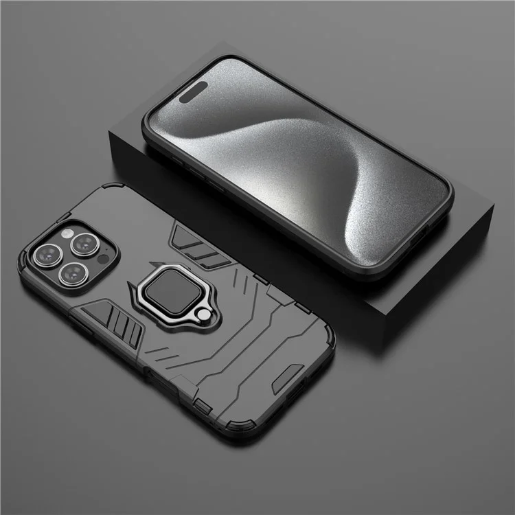 Für iPhone 16 Pro Max Hülle PC+TPU Hybrid Handyhülle mit Ring-Ständer - Schwarz