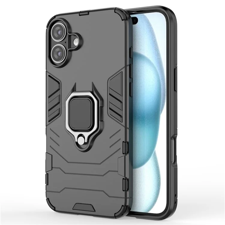 For iPhone 16 Plus Case PC+TPU Ring Kickstand Anti-Drop Phone Cover - Black