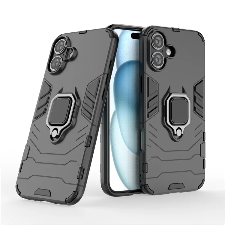 For iPhone 16 Plus Case PC+TPU Ring Kickstand Anti-Drop Phone Cover - Black