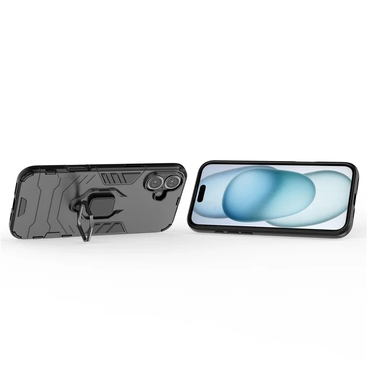 For iPhone 16 Plus Case PC+TPU Ring Kickstand Anti-Drop Phone Cover - Black