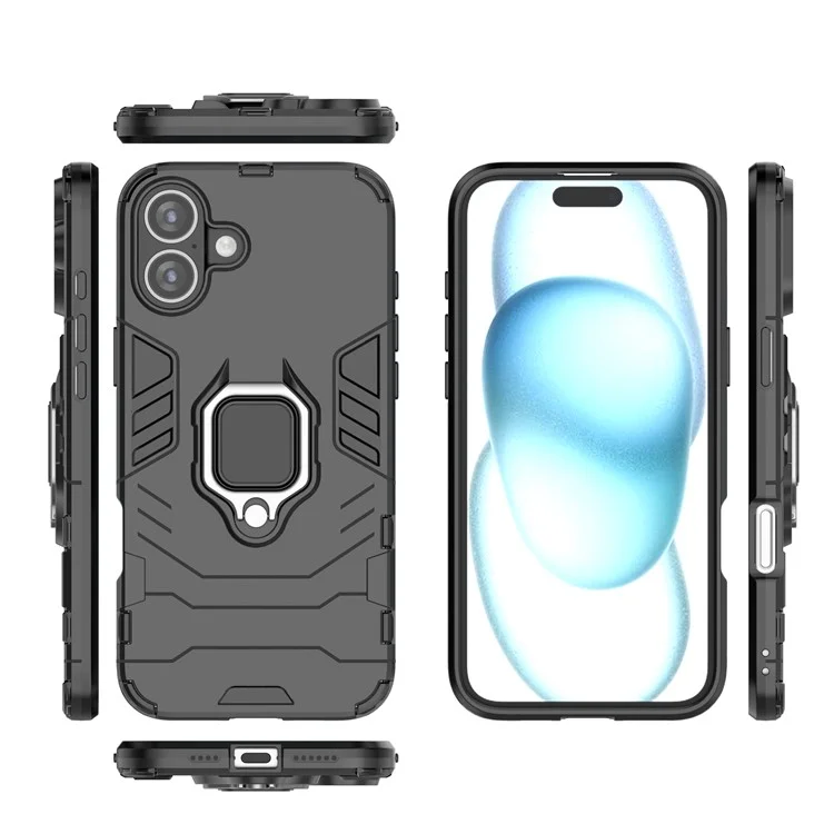 For iPhone 16 Plus Case PC+TPU Ring Kickstand Anti-Drop Phone Cover - Black
