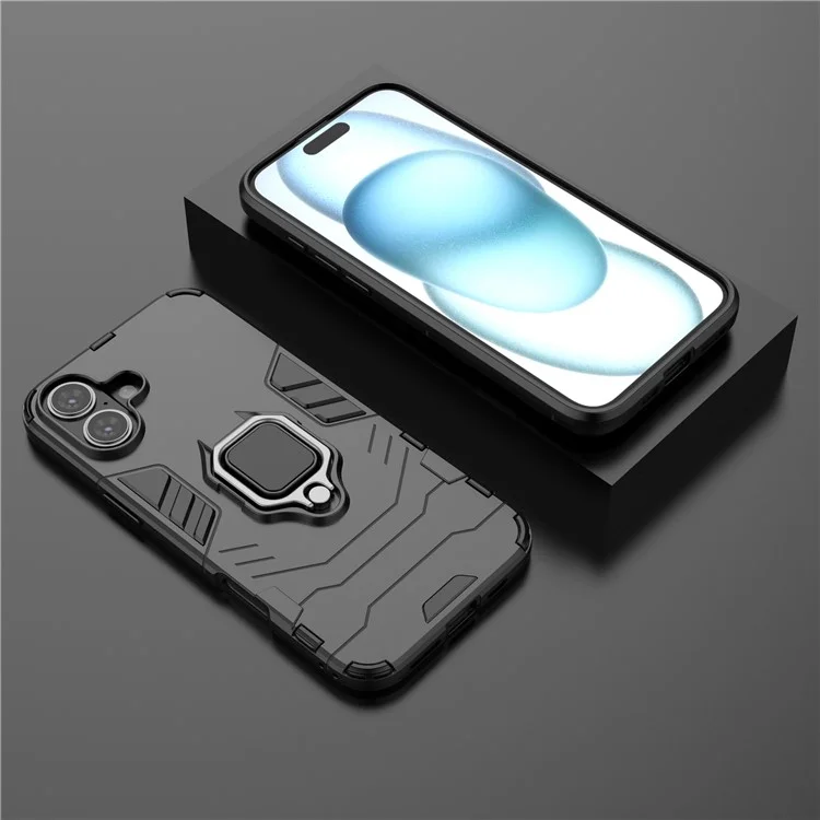 For iPhone 16 Plus Case PC+TPU Ring Kickstand Anti-Drop Phone Cover - Black