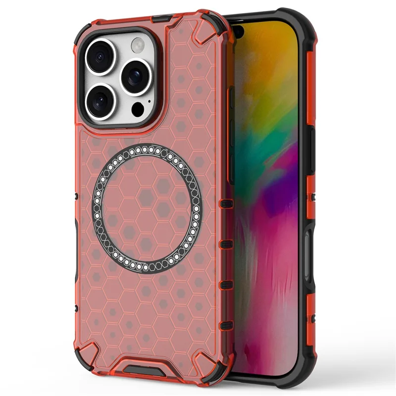 For iPhone 16 Pro Magnetic Case Reinforced Corner Honeycomb TPU+PC Phone Cover - Red