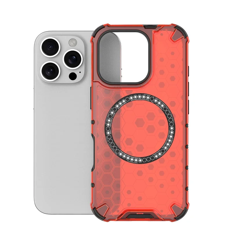 For iPhone 16 Pro Magnetic Case Reinforced Corner Honeycomb TPU+PC Phone Cover - Red