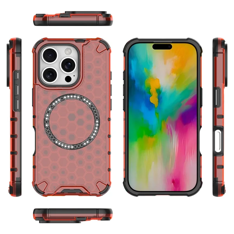 For iPhone 16 Pro Magnetic Case Reinforced Corner Honeycomb TPU+PC Phone Cover - Red