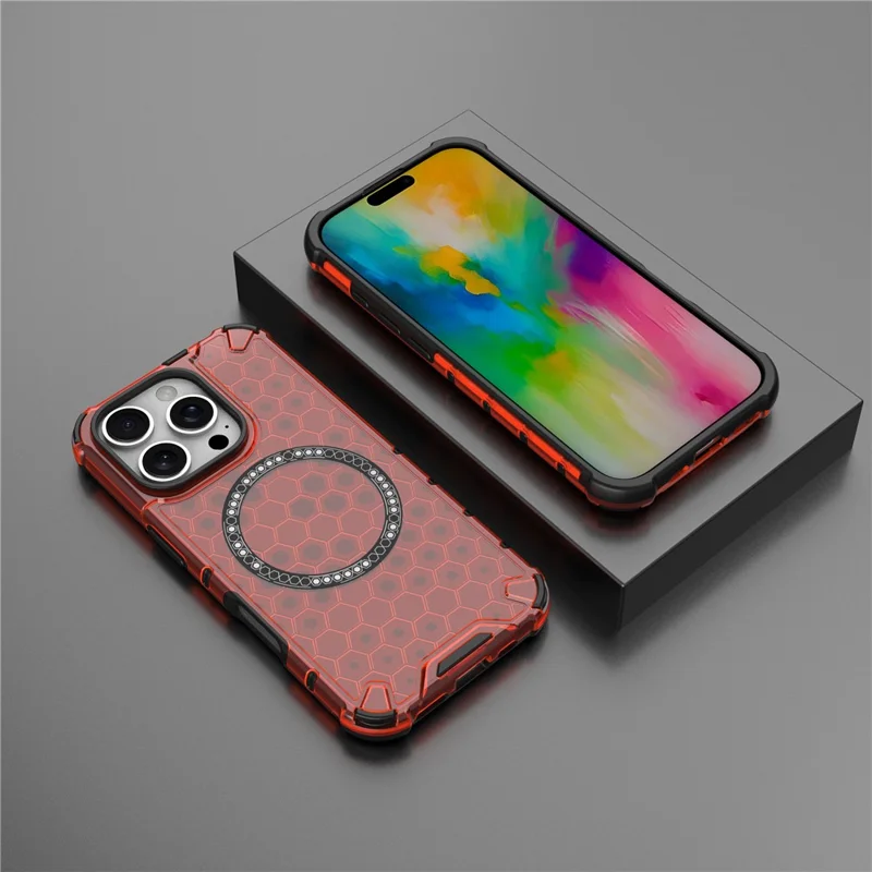 For iPhone 16 Pro Magnetic Case Reinforced Corner Honeycomb TPU+PC Phone Cover - Red