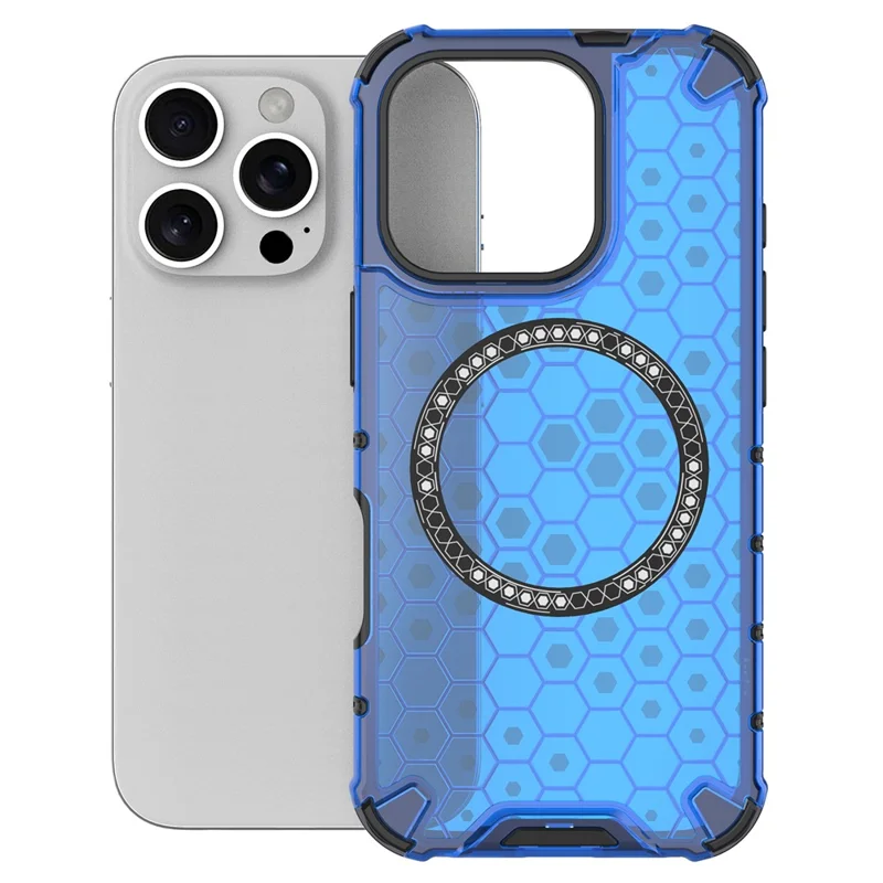 For iPhone 16 Pro Max Magnetic Case TPU+PC Dual Layer Honeycomb Phone Cover - Blue