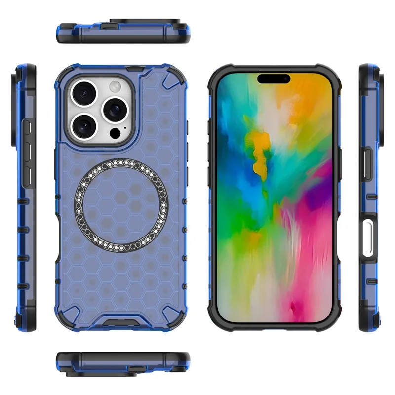 For iPhone 16 Pro Max Magnetic Case TPU+PC Dual Layer Honeycomb Phone Cover - Blue