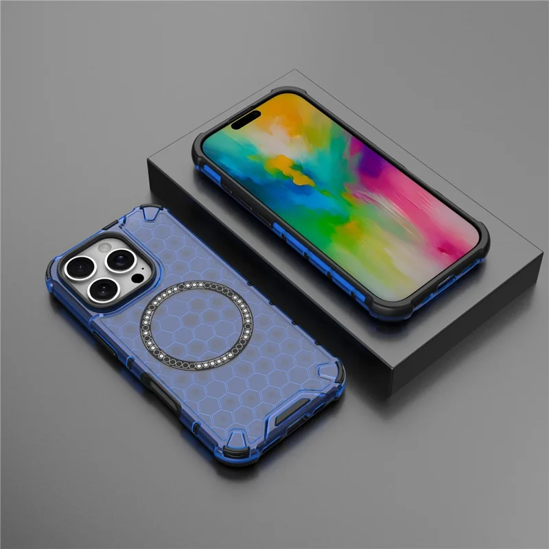 For iPhone 16 Pro Max Magnetic Case TPU+PC Dual Layer Honeycomb Phone Cover - Blue
