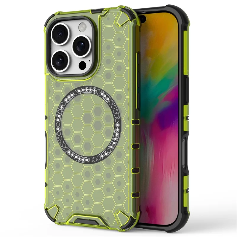 For iPhone 16 Pro Max Magnetic Case TPU+PC Dual Layer Honeycomb Phone Cover - Green