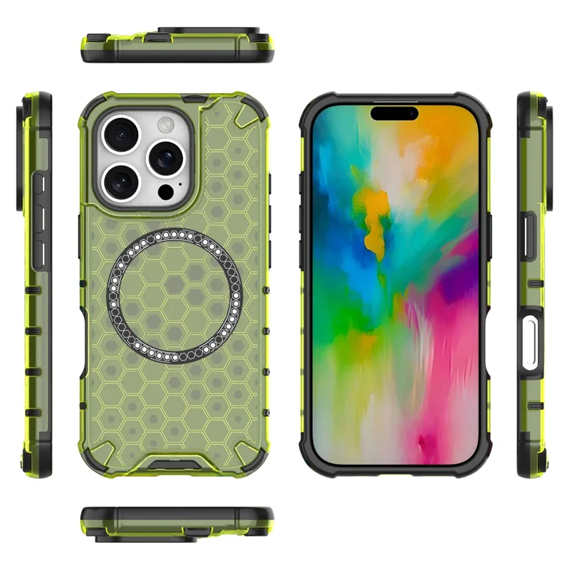 For iPhone 16 Pro Max Magnetic Case TPU+PC Dual Layer Honeycomb Phone Cover - Green