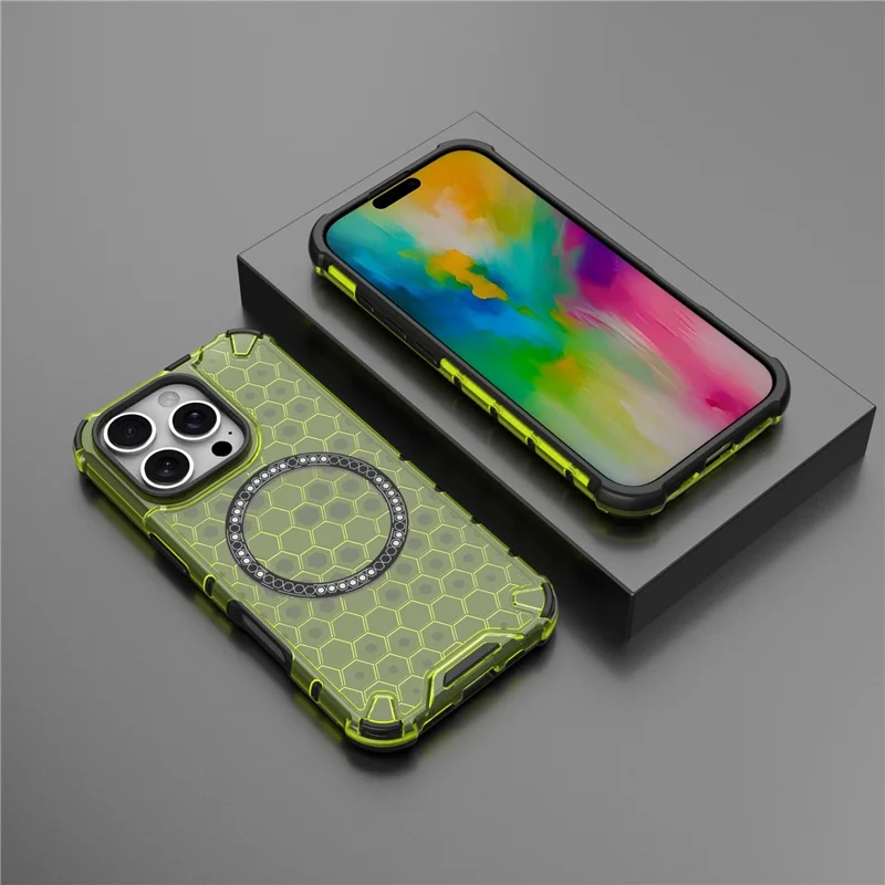 For iPhone 16 Pro Max Magnetic Case TPU+PC Dual Layer Honeycomb Phone Cover - Green