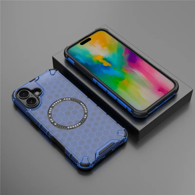 For iPhone 16 Plus Magnetic Phone Case Honeycomb TPU+PC Hybrid Cover - Blue