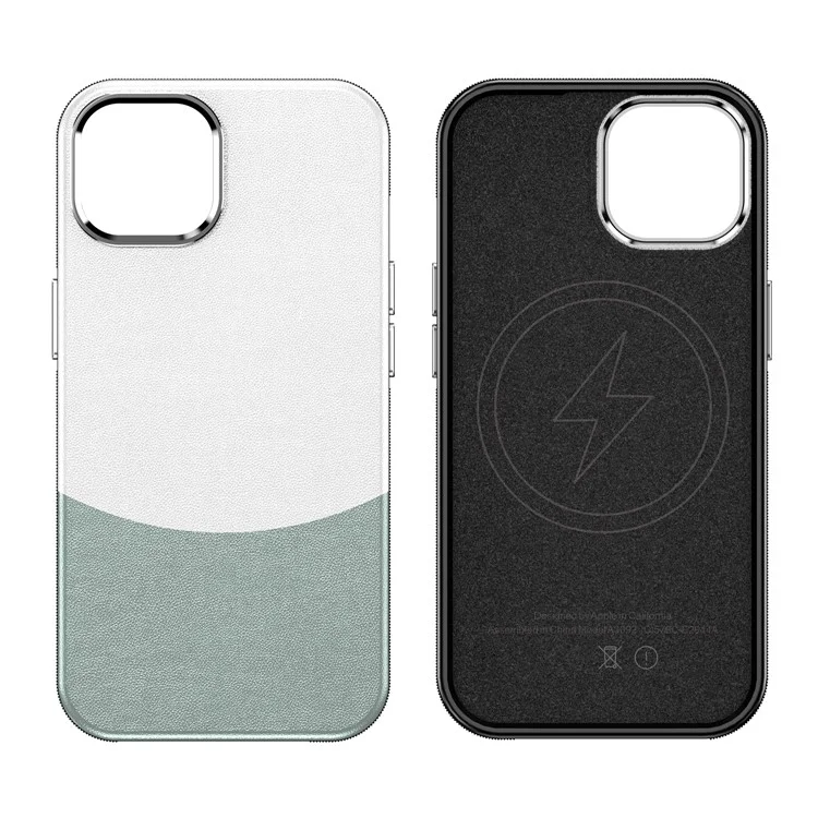 Funda per a iPhone 14 compatible amb MagSafe Splicing Color Leather Back Cover Metal Buttons - Verd