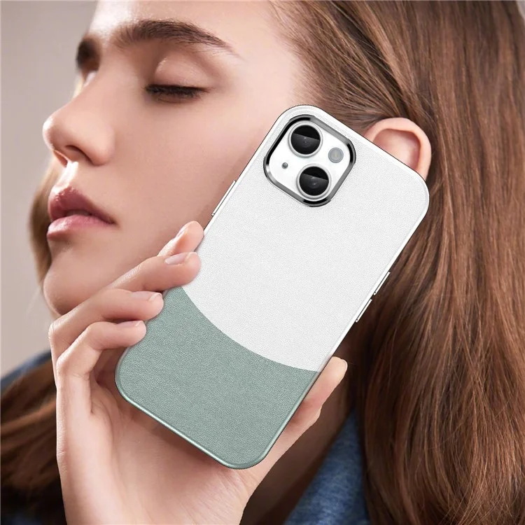 Funda per a iPhone 14 compatible amb MagSafe Splicing Color Leather Back Cover Metal Buttons - Verd