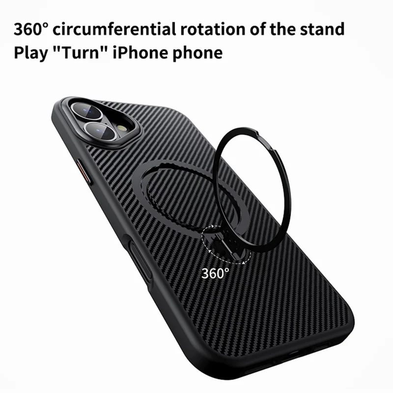 For iPhone 16 Case Compatible with MagSafe PC+TPU Phone Cover Ring Holder Carbon Fiber Texture - Black