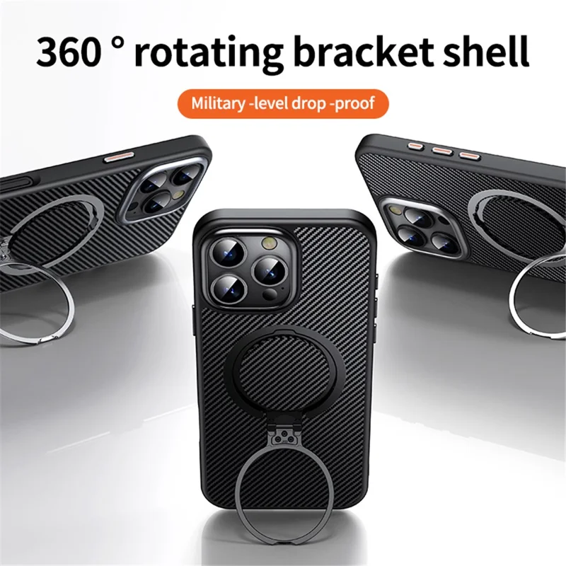 Voor iPhone 16 Pro hoesje met magneetstandaard PC+TPU telefoonhoesje met koolstofvezelstructuur - Zwart