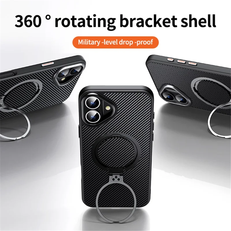 For iPhone 16 Plus Magnetic Case Ring Holder Kickstand PC+TPU Shockproof Phone Cover - Black