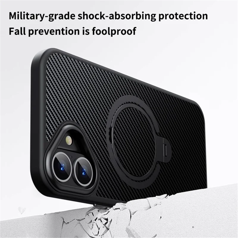 For iPhone 16 Plus Magnetic Case Ring Holder Kickstand PC+TPU Shockproof Phone Cover - Black