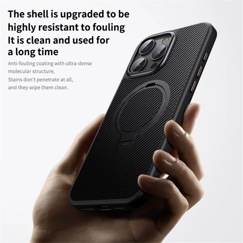 For iPhone 16 Pro Max Magnetic Case Carbon Fiber Texture PC+TPU Phone Cover Rotatable Kickstand - Black