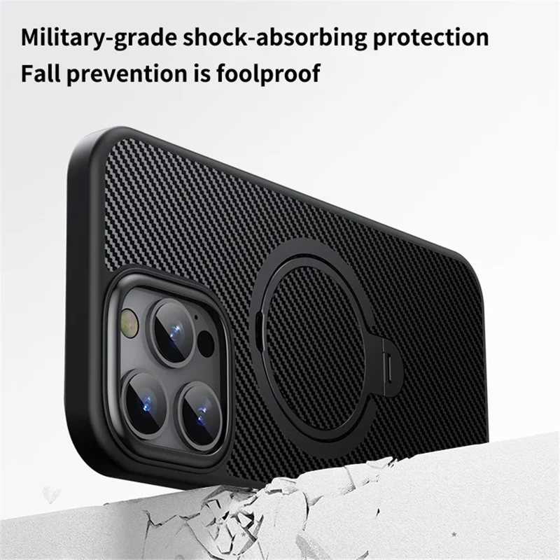 For iPhone 16 Pro Max Magnetic Case Carbon Fiber Texture PC+TPU Phone Cover Rotatable Kickstand - Black