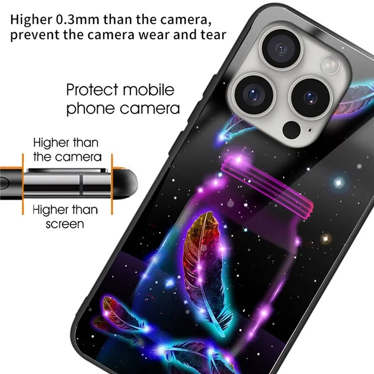 Coque pour iPhone 16 Pro Max Verre trempé + Coque de téléphone en TPU - Impression de motif plume fluorescente