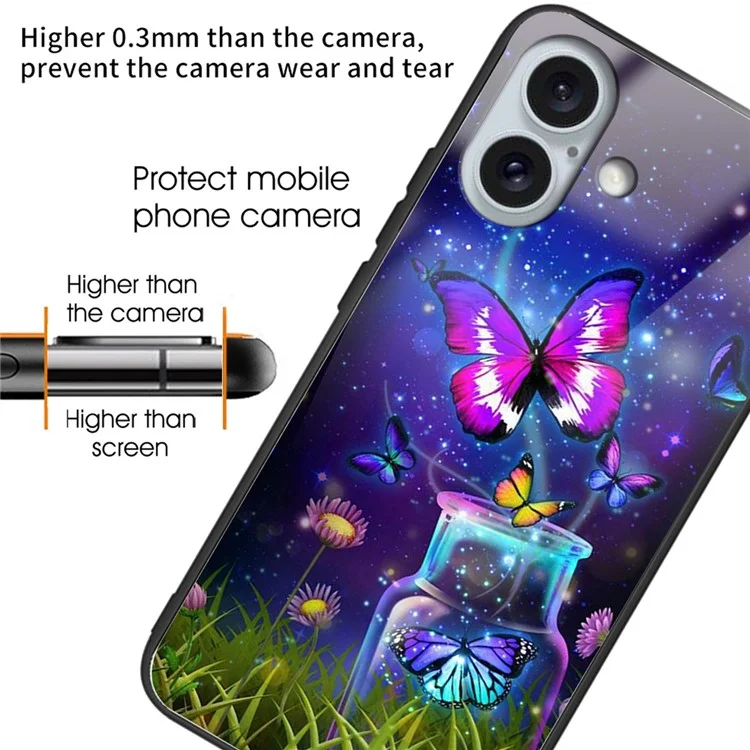 For iPhone 16 Cases Pattern Printed Tempered Glass+TPU Drop-Proof Phone Cover - Bottle / Butterfly