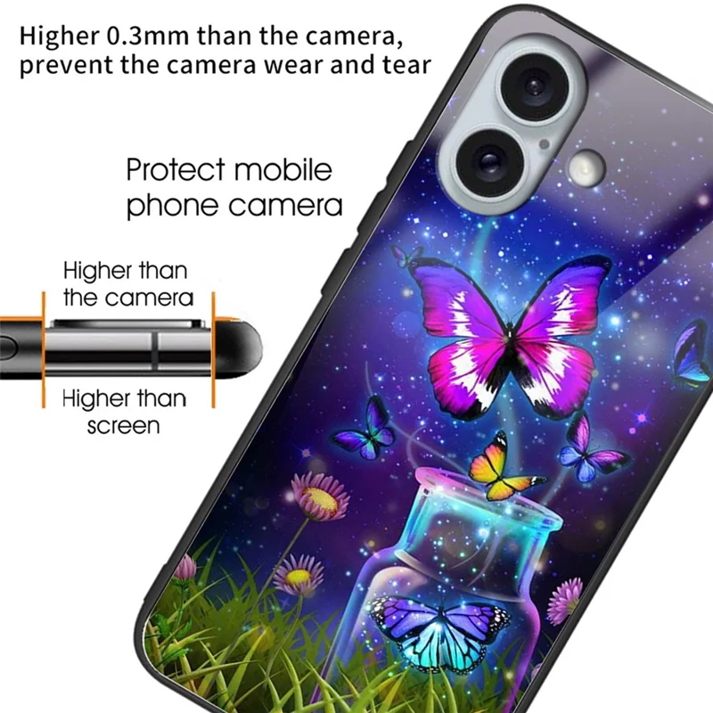 For iPhone 16 Plus Case Pattern Printing Tempered Glass+TPU Phone Cover - Bottle / Butterfly