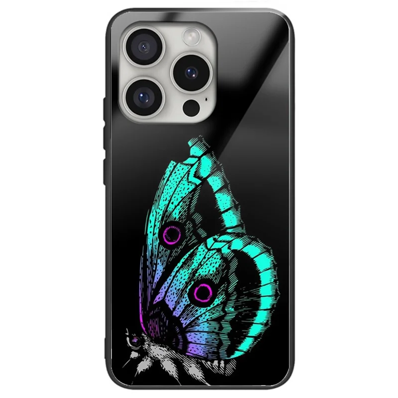 For iPhone 16 Pro Case Pattern Printing Tempered Glass Back TPU Phone Cover - Butterfly