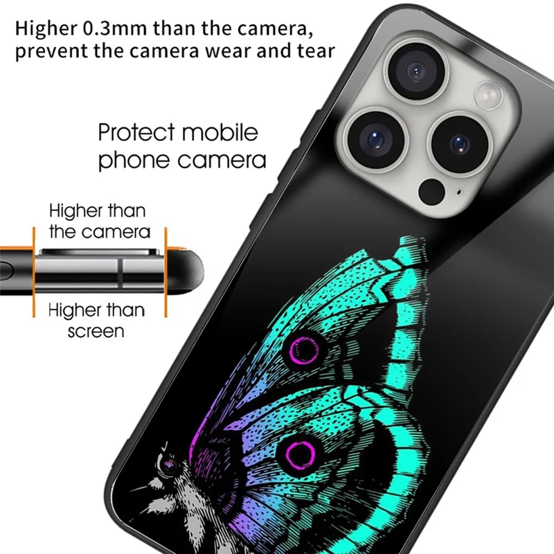 For iPhone 16 Pro Case Pattern Printing Tempered Glass Back TPU Phone Cover - Butterfly