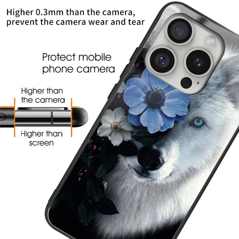For iPhone 16 Pro Case Pattern Printing Tempered Glass Back TPU Phone Cover - Wolf