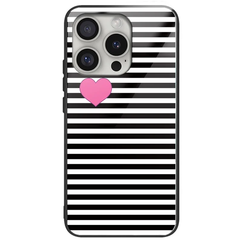 For iPhone 16 Pro Max Shockproof Case Pattern Printed Tempered Glass+TPU Phone Cover - Stripes / Hearts