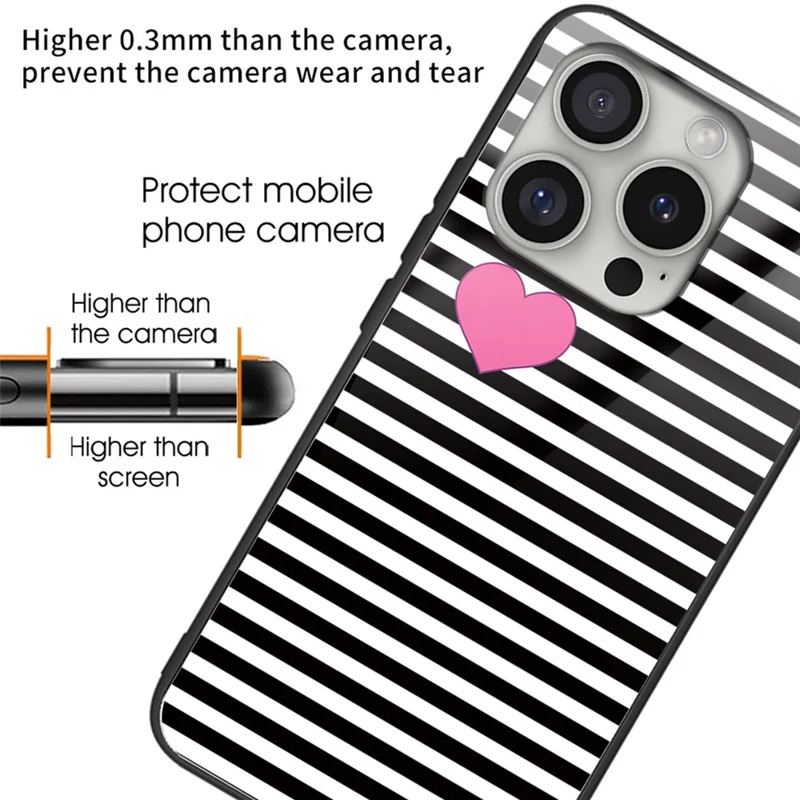 For iPhone 16 Pro Max Shockproof Case Pattern Printed Tempered Glass+TPU Phone Cover - Stripes / Hearts