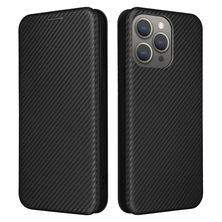 Para iPhone 16 Pro Case PU Leather Carbon Fiber Texture Phone Cover Fecho Magnético - Preto