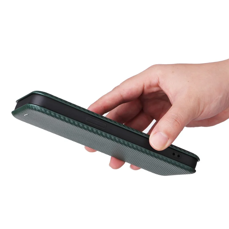 For iPhone 16 Pro Case PU Leather Carbon Fiber Texture Phone Cover Magnetic Closure - Green