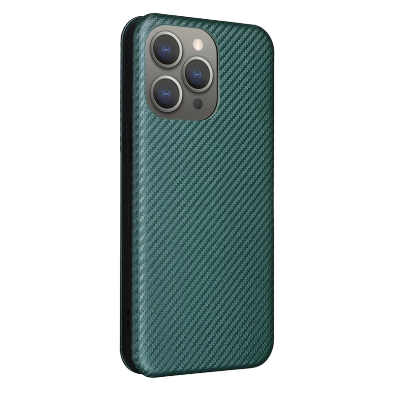 For iPhone 16 Pro Case PU Leather Carbon Fiber Texture Phone Cover Magnetic Closure - Green
