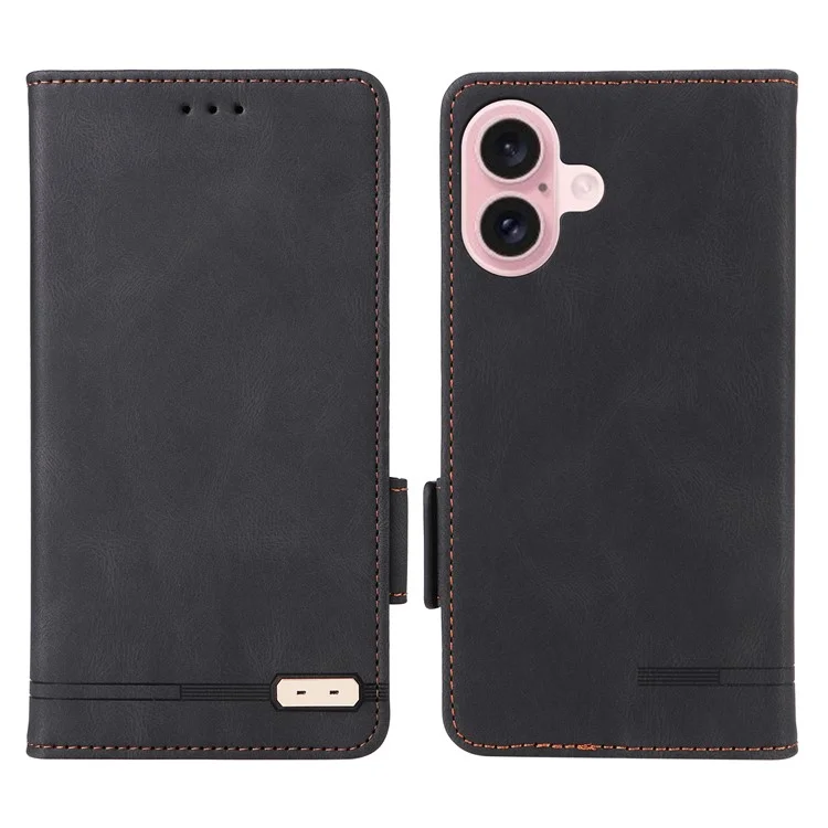 Étui portefeuille en cuir pour iPhone 16 Plus, Couverture de téléphone avec décoration matérielle - Noir