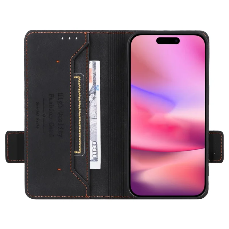Étui portefeuille en cuir pour iPhone 16 Plus, Couverture de téléphone avec décoration matérielle - Noir