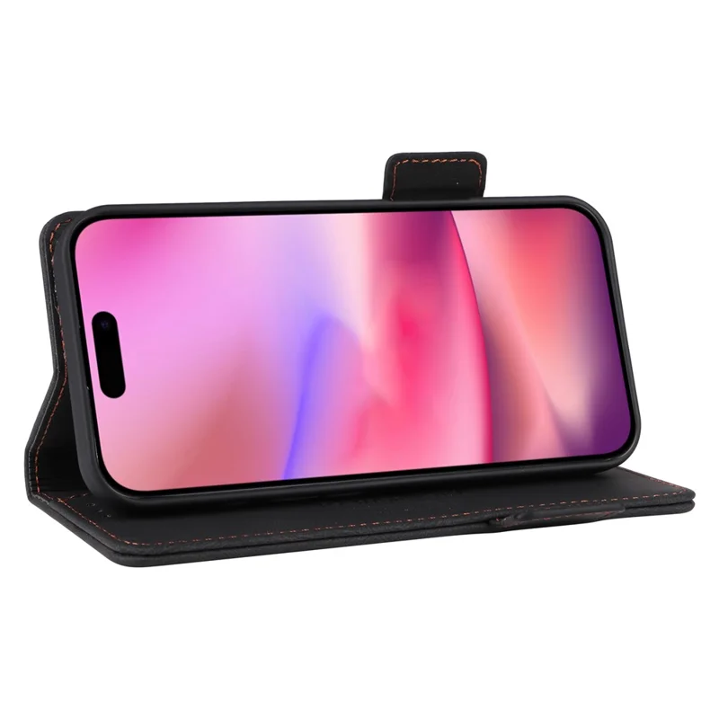 Étui portefeuille en cuir pour iPhone 16 Plus, Couverture de téléphone avec décoration matérielle - Noir