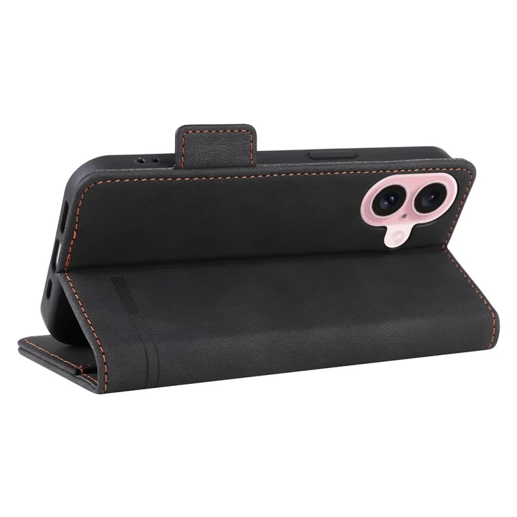 Étui portefeuille en cuir pour iPhone 16 Plus, Couverture de téléphone avec décoration matérielle - Noir