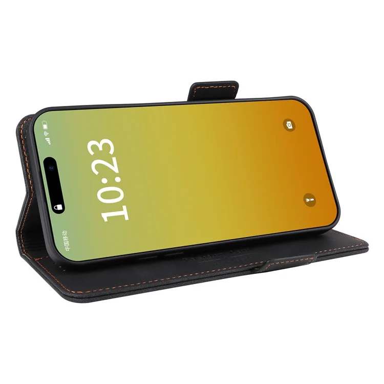 Coque iPhone 16 Pro Antichoc, Support, Portefeuille, Housse en Cuir, Décoration Matérielle - Noir