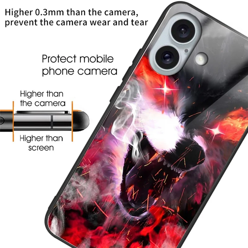 For iPhone 16 Case Pattern Printed Tempered Glass Back Soft TPU Phone Cover - Fierce Wolf