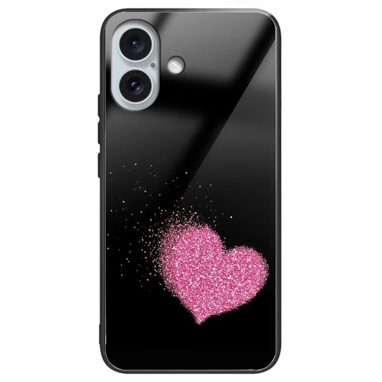 For iPhone 16 Plus Case Tempered Glass Back TPU Phone Shell Pattern Printed - Heart