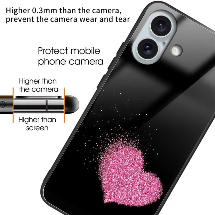 For iPhone 16 Plus Case Tempered Glass Back TPU Phone Shell Pattern Printed - Heart