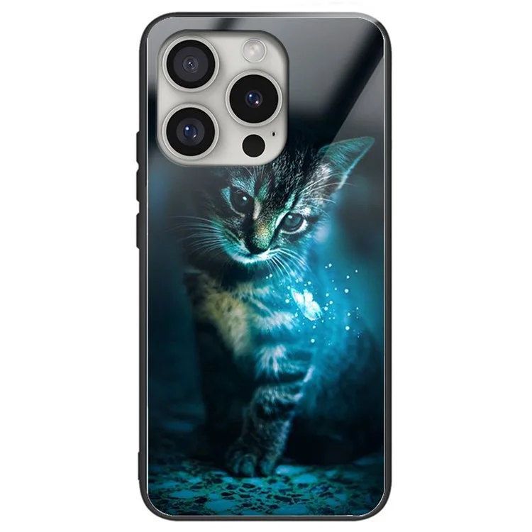 For iPhone 16 Pro Max Case Pattern Printed Tempered Glass+TPU Lightweight Phone Cover - Cat