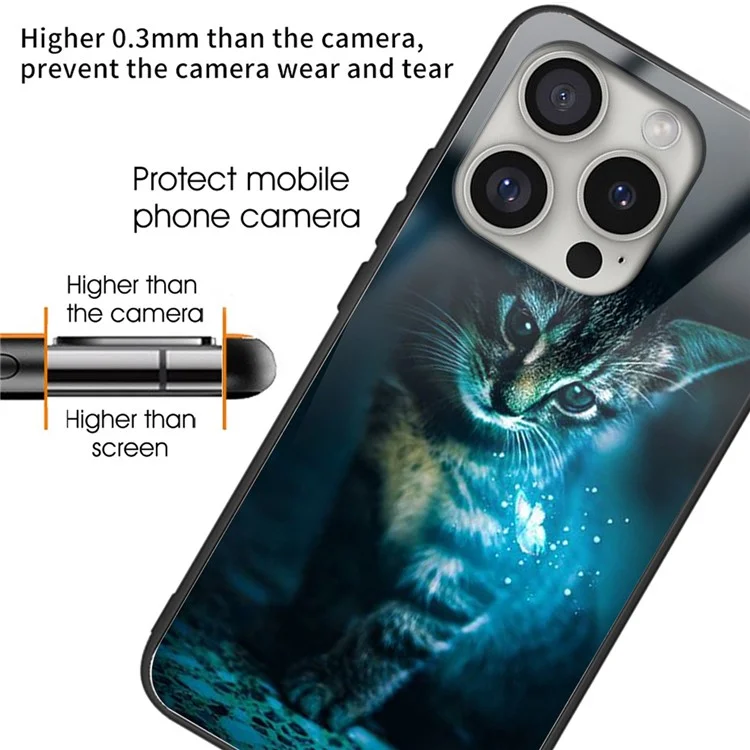 For iPhone 16 Pro Max Case Pattern Printed Tempered Glass+TPU Lightweight Phone Cover - Cat