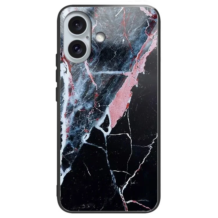 For iPhone 16 Plus Lightweight Case Tempered Glass+TPU Phone Cover Pattern Printed - Black Marble