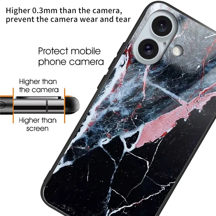 For iPhone 16 Plus Lightweight Case Tempered Glass+TPU Phone Cover Pattern Printed - Black Marble