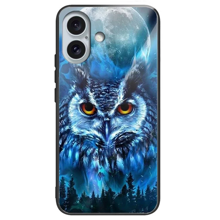 For iPhone 16 Case Lightweight Tempered Glass Back TPU Phone Cover Pattern Printed - Forest Owl