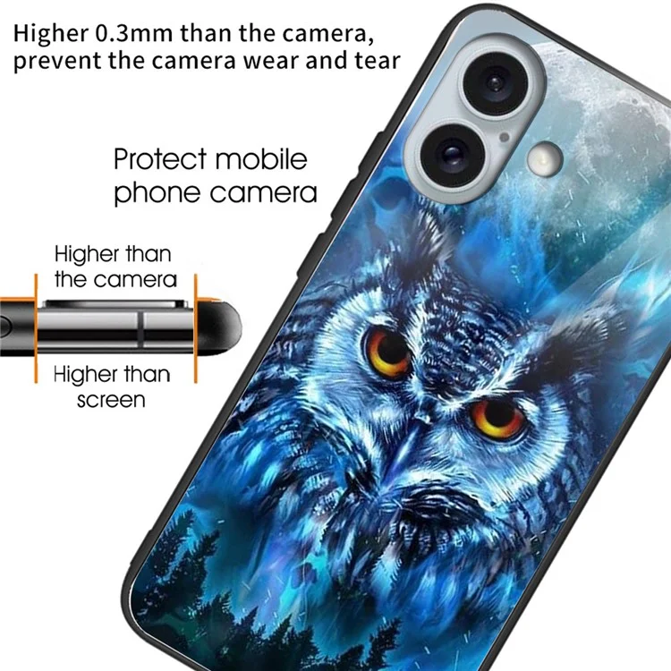 For iPhone 16 Case Lightweight Tempered Glass Back TPU Phone Cover Pattern Printed - Forest Owl